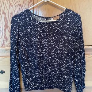 Anthropologie x Kachel navy blue blouse with white polka dot.